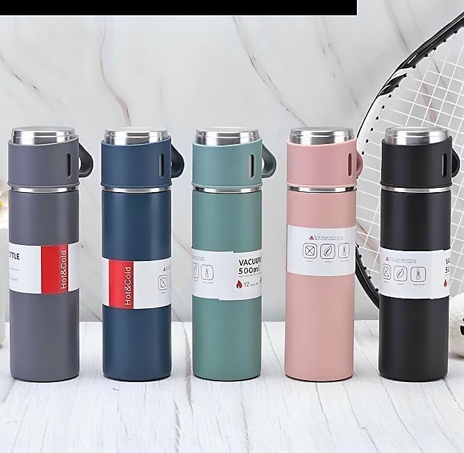 Double Wall Stainless Steel Bottle 500ml – Vacuum Insulated Hot & Cold Water Flask with 2 Cups (Multicolor)
