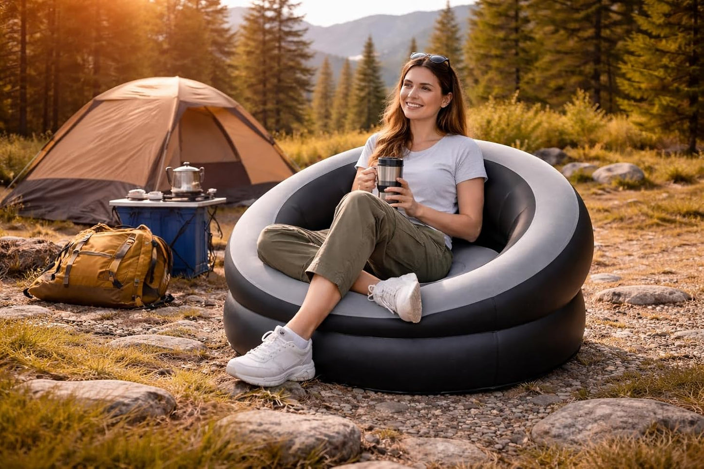 Single Inflatable Air Chair – Ergonomic Blow Up Lounge Sofa with Flocked Surface for Indoor & Outdoor Use