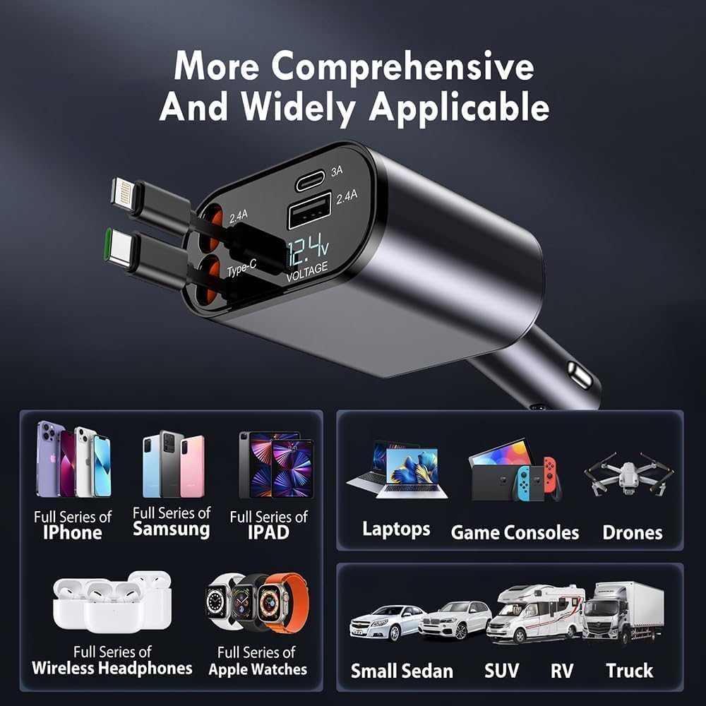 120W Fast Car Charger (2025 New Version) – Retractable Type-C Cable & 4-Port Universal Mobile Charger for All Devices