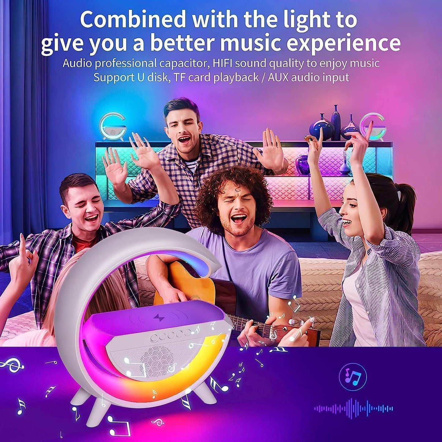 G-Shaped 3-in-1 Bluetooth Speaker – FM Radio, RGB Table Lamp & 15W Wireless Charger for Home