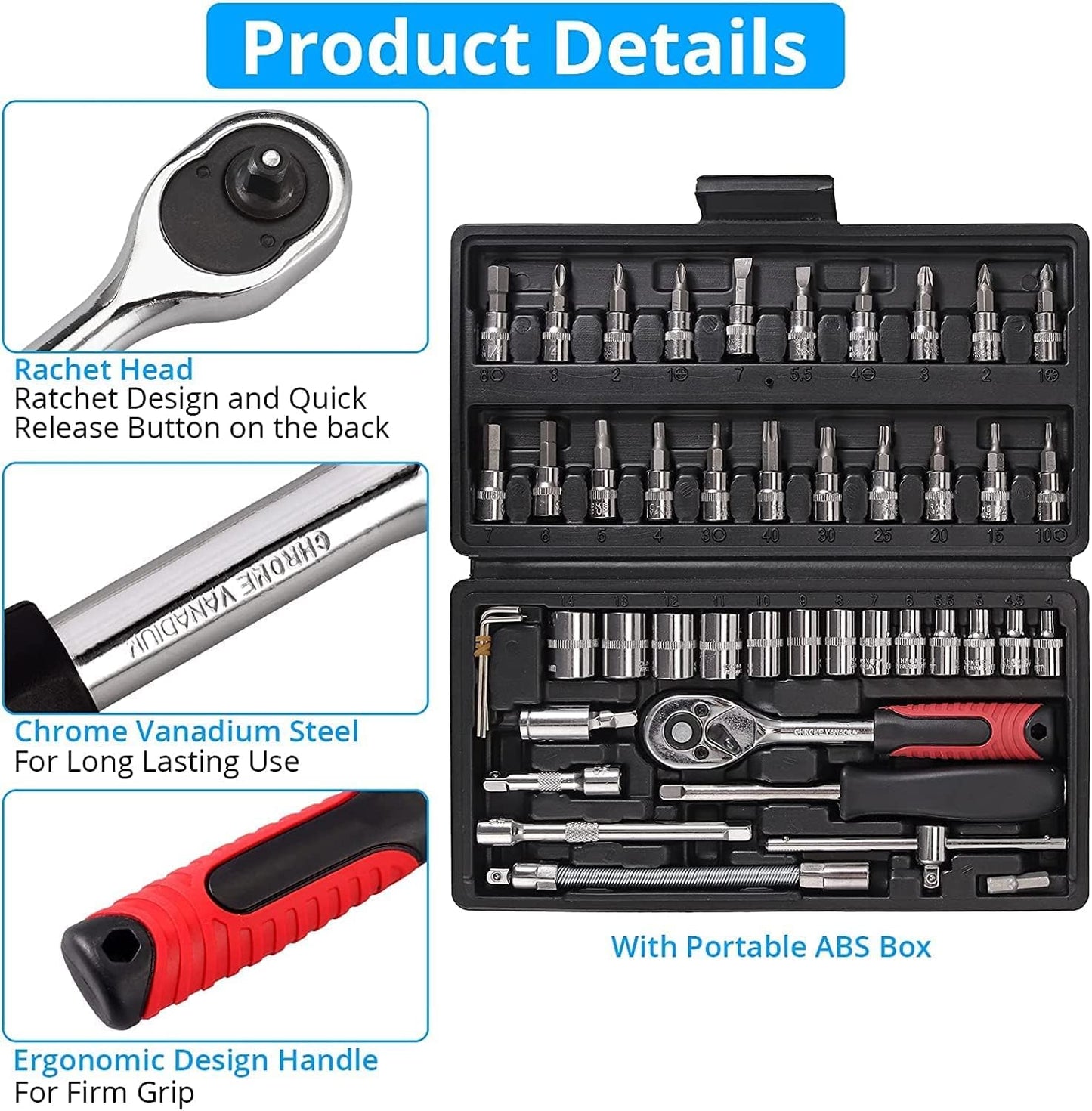46-Piece Socket Set – 1/4" Drive Ratchet Wrench Kit with CR-V Sockets, S2 Bits & Extension Bars