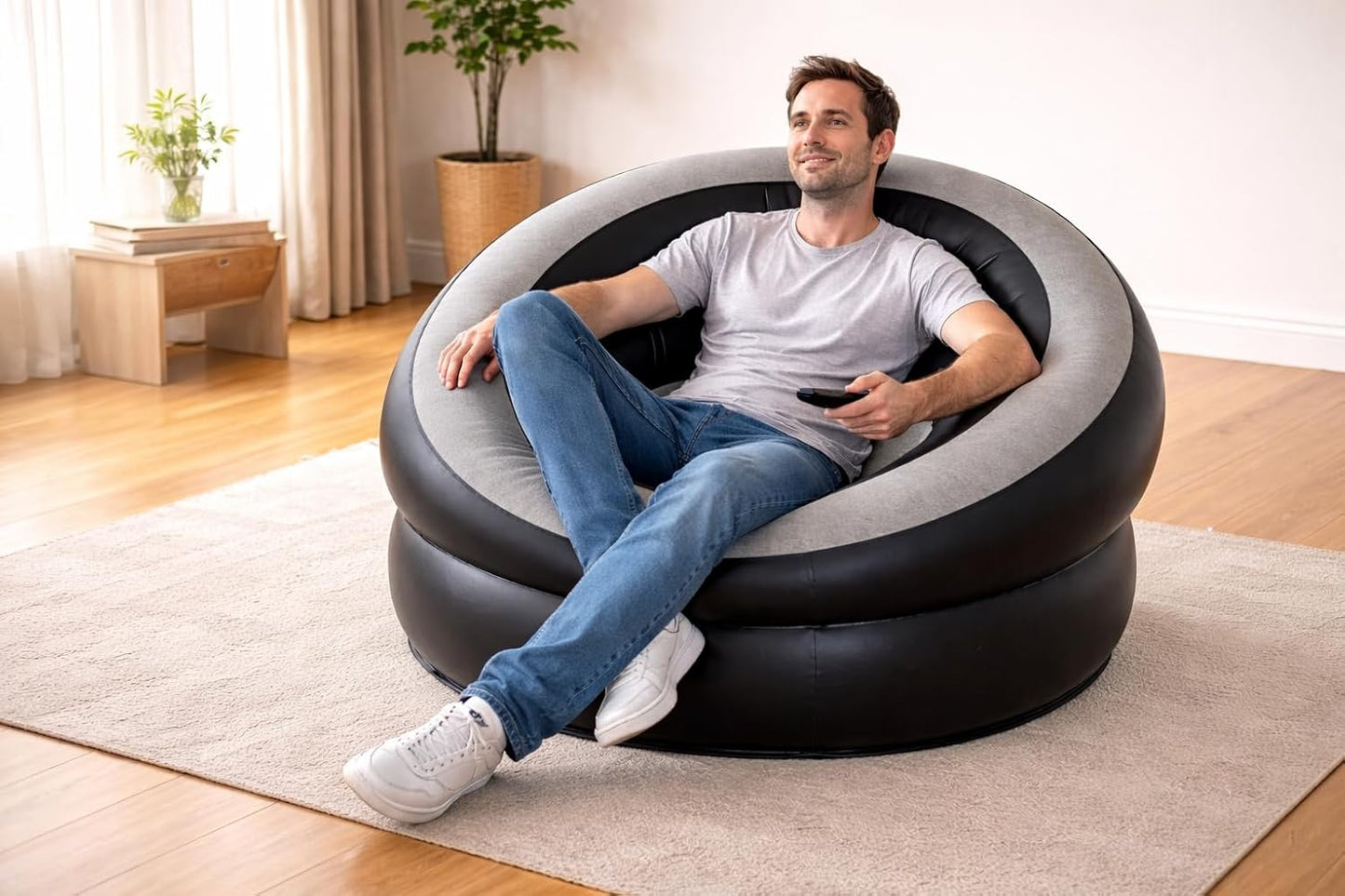 Single Inflatable Air Chair – Ergonomic Blow Up Lounge Sofa with Flocked Surface for Indoor & Outdoor Use