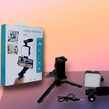 Video Making Kit with Microphone, Mini Tripod, LED Light & Phone Holder – Vlogging Tripod Kit (Black)