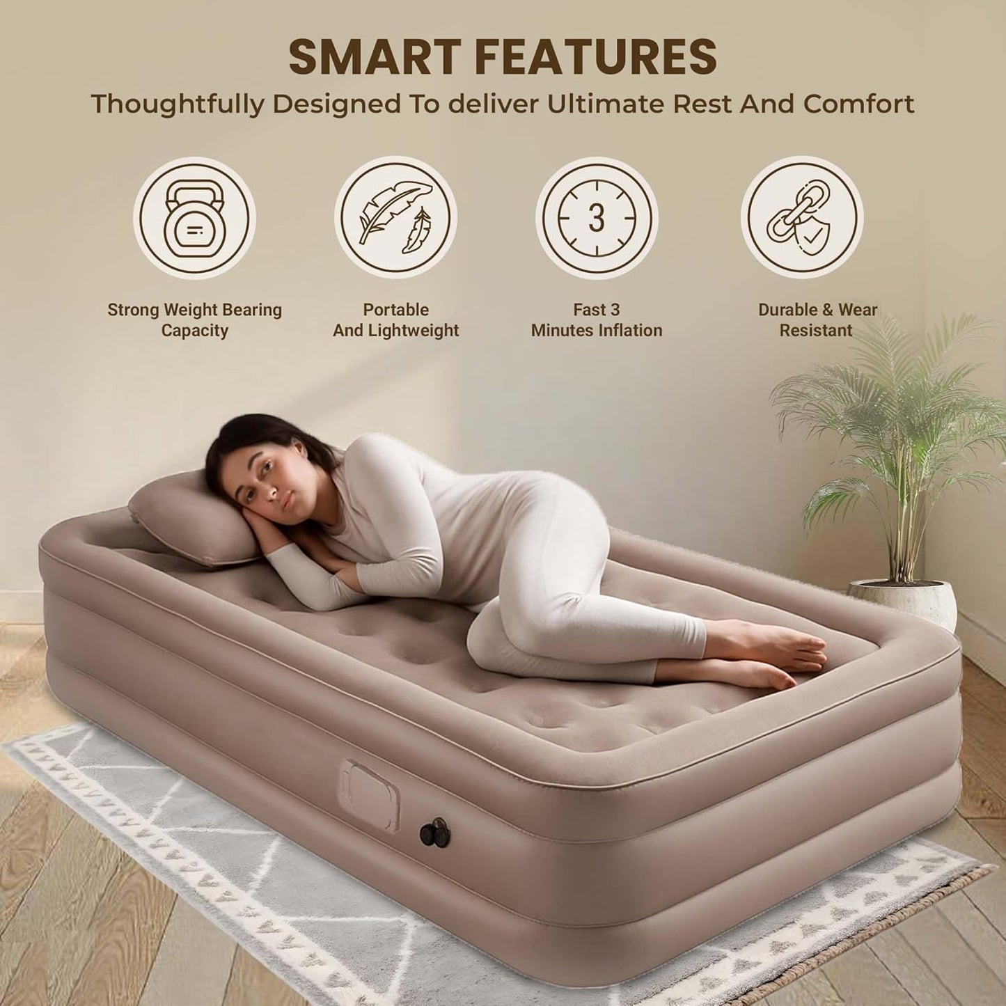 PVC Portable Air Mattress with Built-In Pump – Double Layer Inflatable Bed for Home, Camping & Guests (198×100×40 cm)