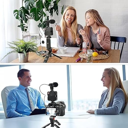 Video Making Kit with Microphone, Mini Tripod, LED Light & Phone Holder – Vlogging Tripod Kit (Black)