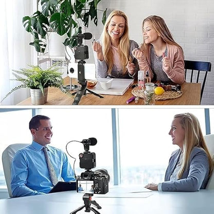 Video Making Kit with Microphone, Mini Tripod, LED Light & Phone Holder – Vlogging Tripod Kit (Black)