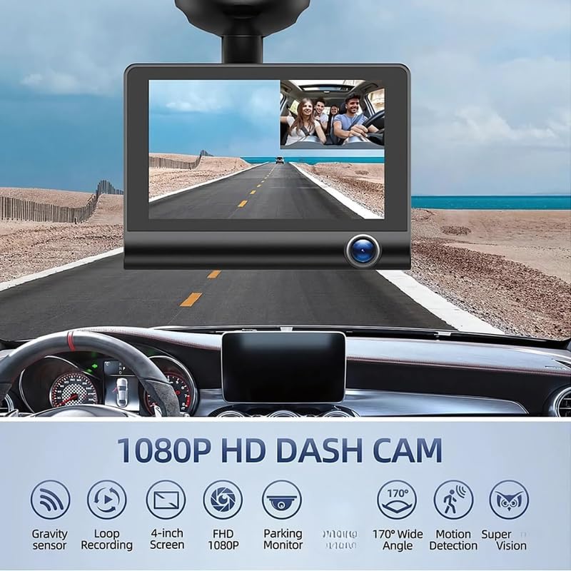 3-Way Dash Cam with Full HD Recording – Front, Cabin & Rear Camera with G-Sensor and Motion Detection