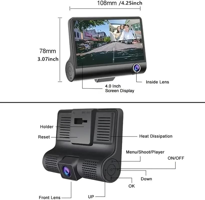 3-Way Dash Cam with Full HD Recording – Front, Cabin & Rear Camera with G-Sensor and Motion Detection