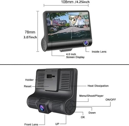 3-Way Dash Cam with Full HD Recording – Front, Cabin & Rear Camera with G-Sensor and Motion Detection