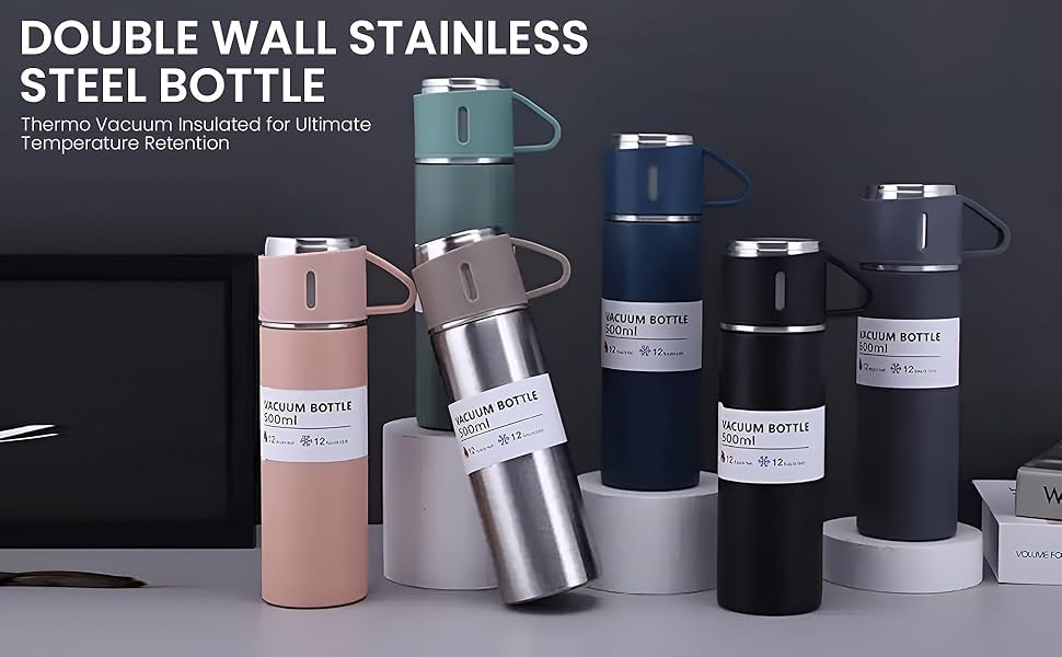 Double Wall Stainless Steel Bottle 500ml – Vacuum Insulated Hot & Cold Water Flask with 2 Cups (Multicolor)