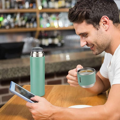 Double Wall Stainless Steel Bottle 500ml – Vacuum Insulated Hot & Cold Water Flask with 2 Cups (Multicolor)