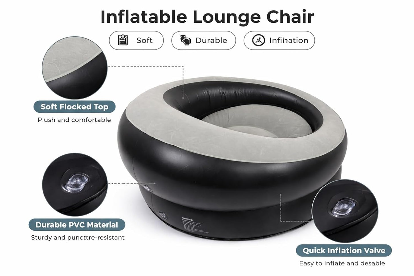 Single Inflatable Air Chair – Ergonomic Blow Up Lounge Sofa with Flocked Surface for Indoor & Outdoor Use