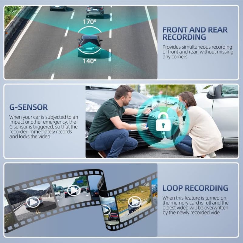 3-Way Dash Cam with Full HD Recording – Front, Cabin & Rear Camera with G-Sensor and Motion Detection