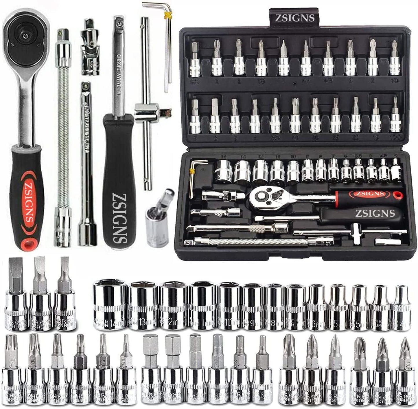46-Piece Socket Set – 1/4" Drive Ratchet Wrench Kit with CR-V Sockets, S2 Bits & Extension Bars