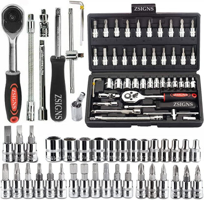 46-Piece Socket Set – 1/4" Drive Ratchet Wrench Kit with CR-V Sockets, S2 Bits & Extension Bars