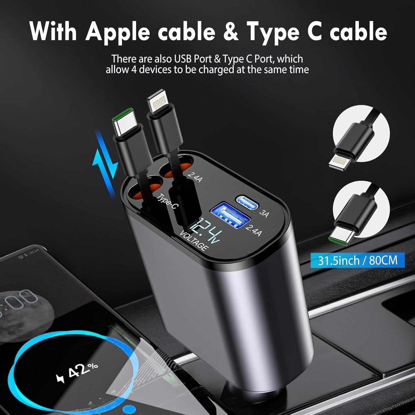 120W Fast Car Charger (2025 New Version) – Retractable Type-C Cable & 4-Port Universal Mobile Charger for All Devices