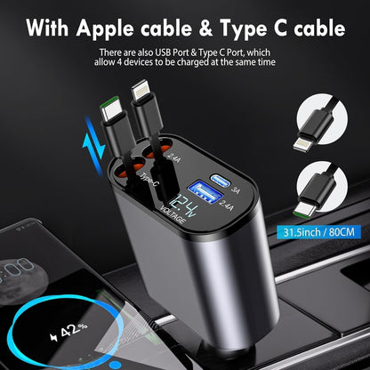 120W Fast Car Charger (2025 New Version) – Retractable Type-C Cable & 4-Port Universal Mobile Charger for All Devices
