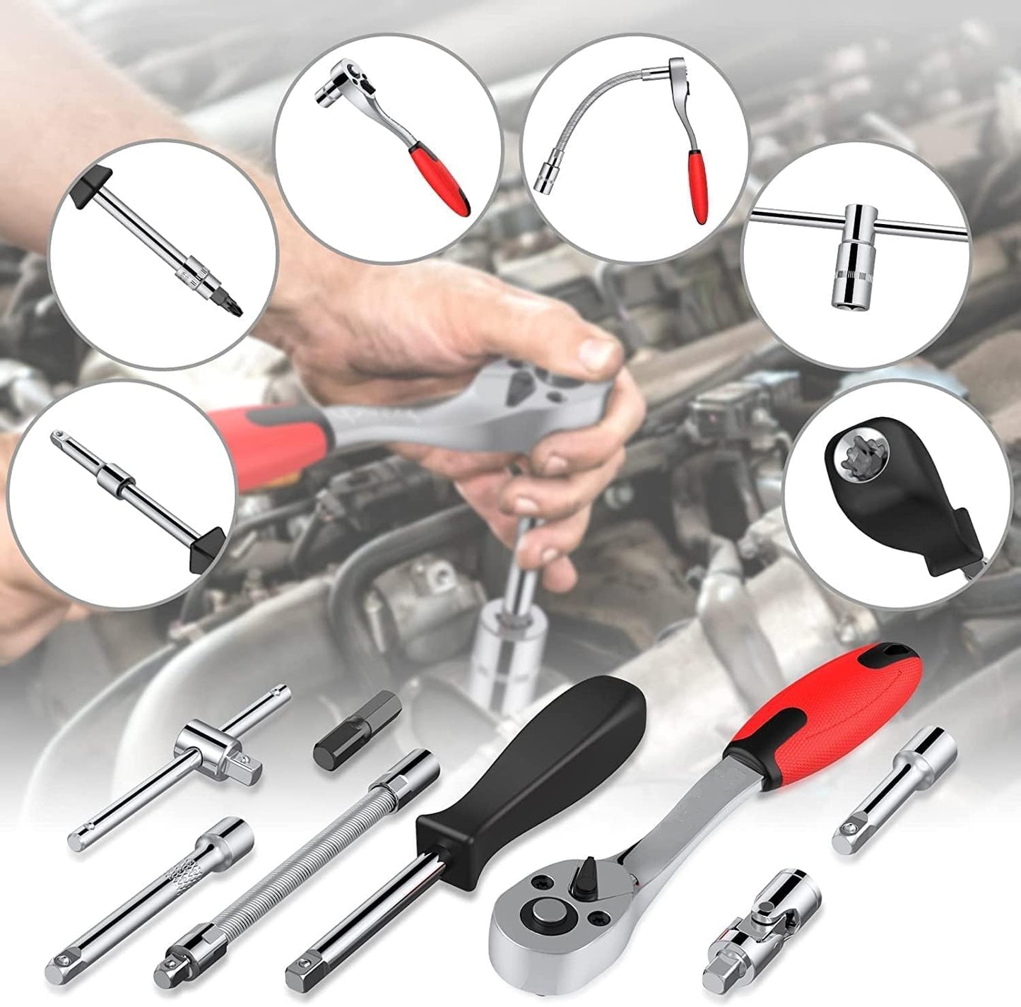 46-Piece Socket Set – 1/4" Drive Ratchet Wrench Kit with CR-V Sockets, S2 Bits & Extension Bars