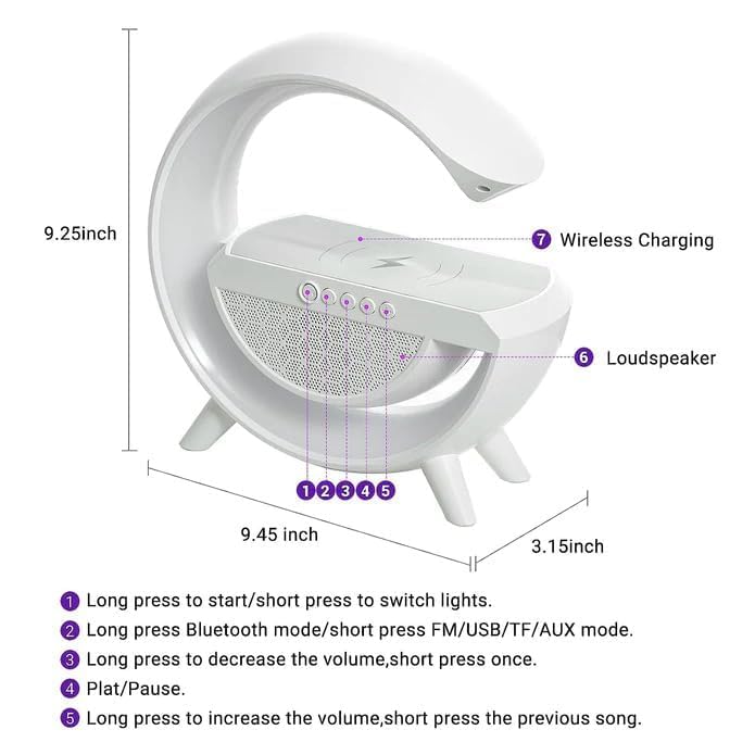 G-Shaped 3-in-1 Bluetooth Speaker – FM Radio, RGB Table Lamp & 15W Wireless Charger for Home