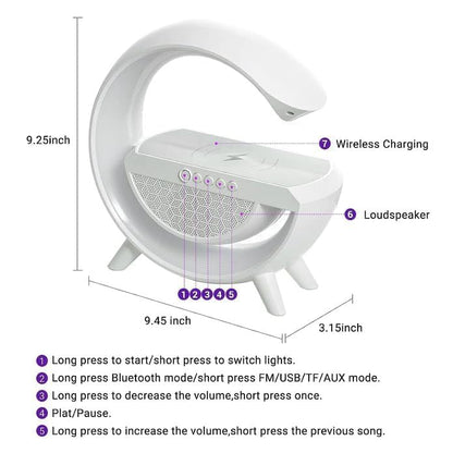 G-Shaped 3-in-1 Bluetooth Speaker – FM Radio, RGB Table Lamp & 15W Wireless Charger for Home