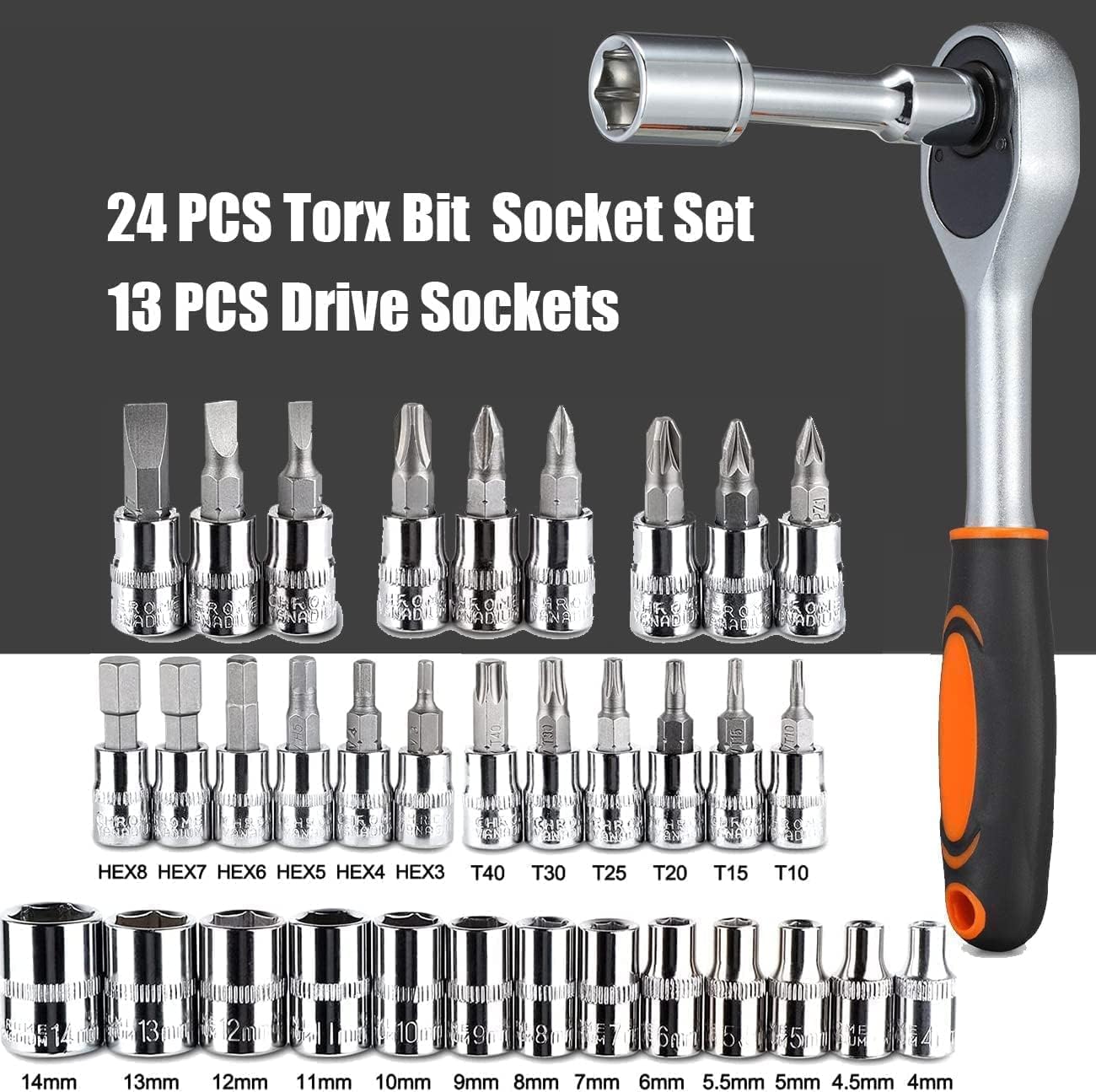 46-Piece Socket Set – 1/4" Drive Ratchet Wrench Kit with CR-V Sockets, S2 Bits & Extension Bars