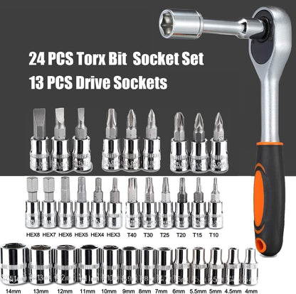 46-Piece Socket Set – 1/4" Drive Ratchet Wrench Kit with CR-V Sockets, S2 Bits & Extension Bars