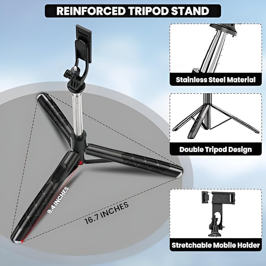 R1-L 3-in-1 Selfie Stick Tripod – 67” Extendable with Bluetooth Remote & Stable Base for Vlogging