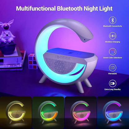G-Shaped 3-in-1 Bluetooth Speaker – FM Radio, RGB Table Lamp & 15W Wireless Charger for Home