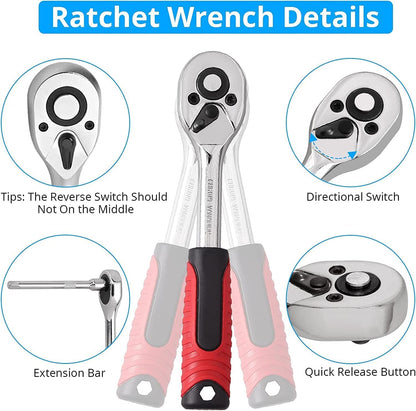 46-Piece Socket Set – 1/4" Drive Ratchet Wrench Kit with CR-V Sockets, S2 Bits & Extension Bars