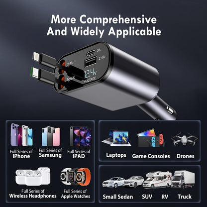 120W Fast Car Charger (2025 New Version) – Retractable Type-C Cable & 4-Port Universal Mobile Charger for All Devices